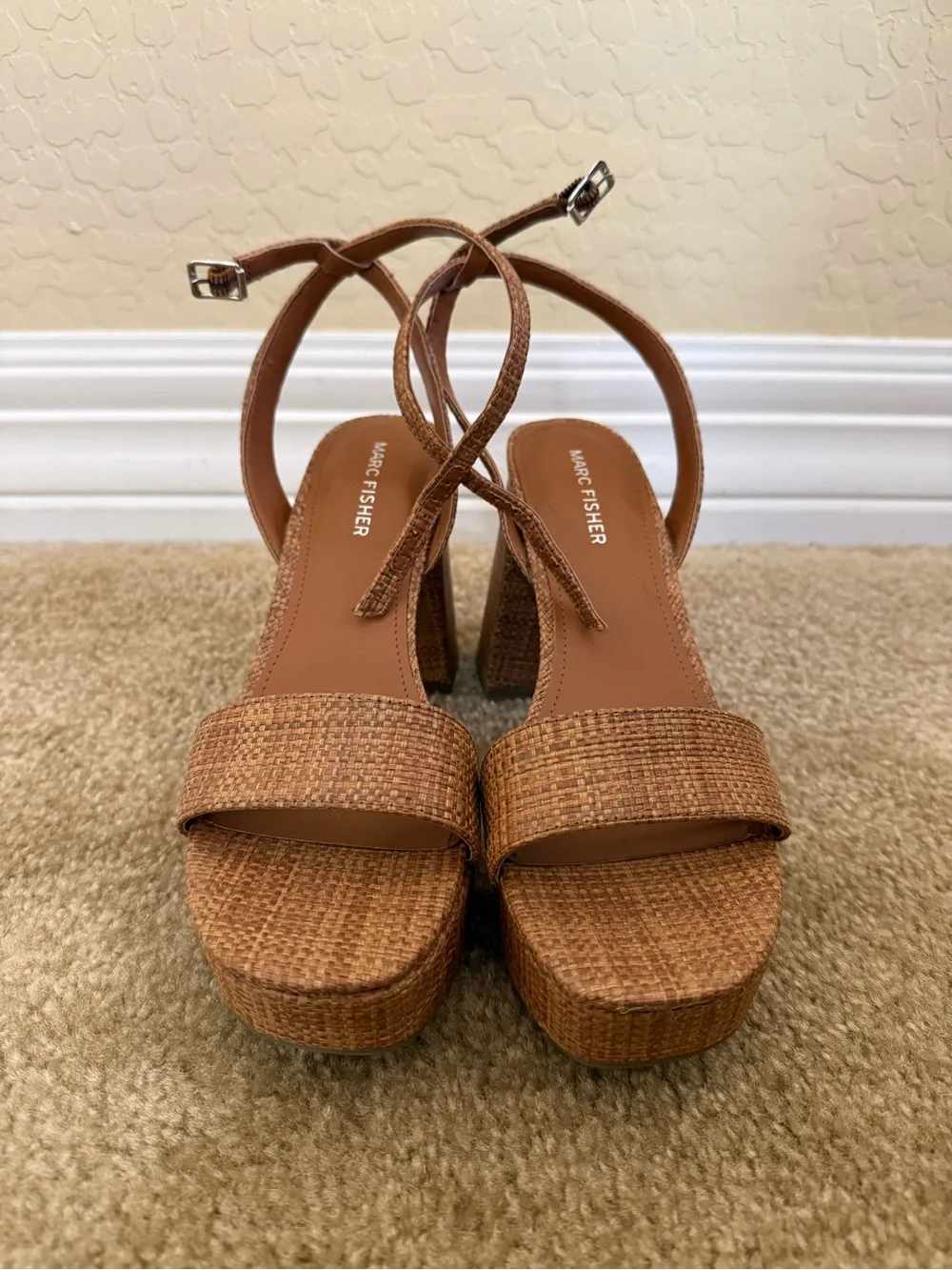 Marc Fisher Tan Woven Platform Sandals with Ankle Strap
